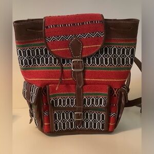 Mexican Backpack Embroidered Red Black Buckled Bag